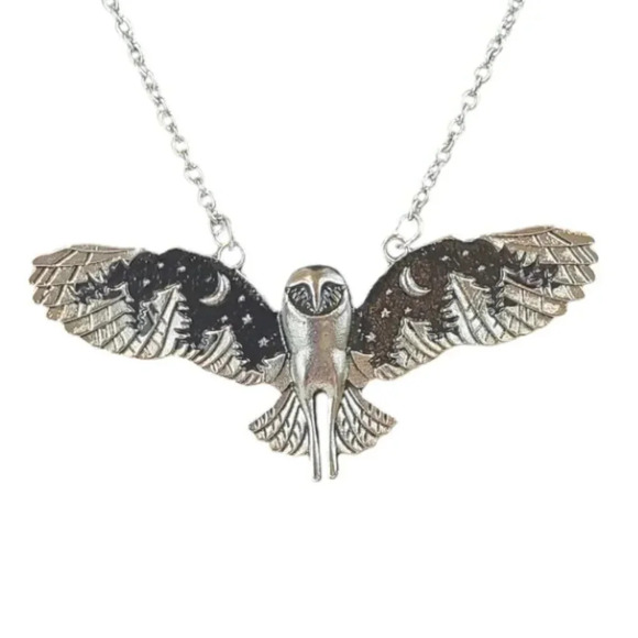 Giant Owl With Night Sky Scenery Pendant Necklace with Chain - Picture 1 of 6